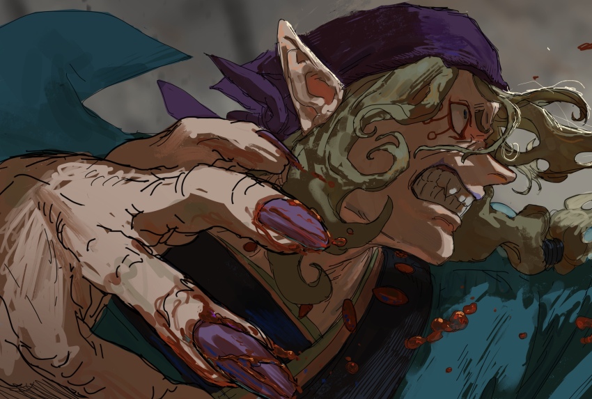 1boy, angry, bad_id, bad_pixiv_id, bandana, blonde_hair, blood, blood_on_hands