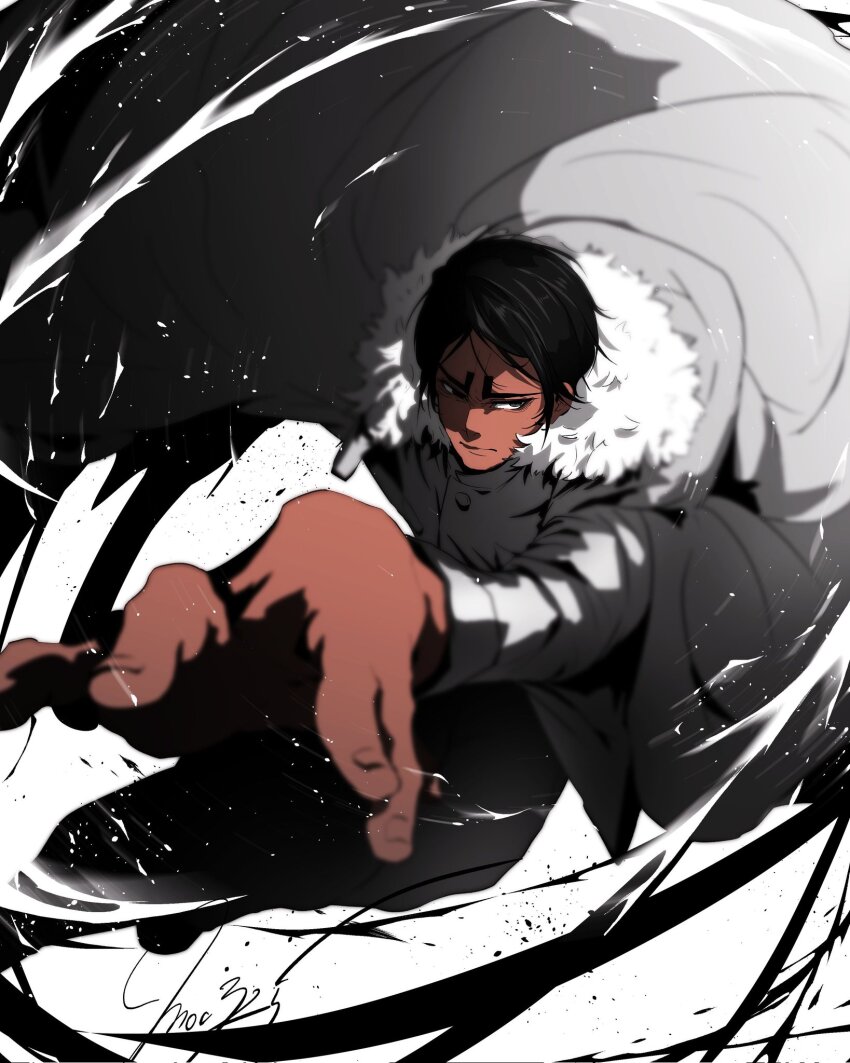 1boy, black_hair, cost, dark-skinned_male, dark_skin, feet_out_of_frame, fighting_stance, foreshortening, from_above, golden_kamuy, highres, koito_otonoshin, long_sleeves, looking_to_the_side, male_focus, moc325_510numa, perspective, serious, short_hair, snow, solo, standing, tsurime