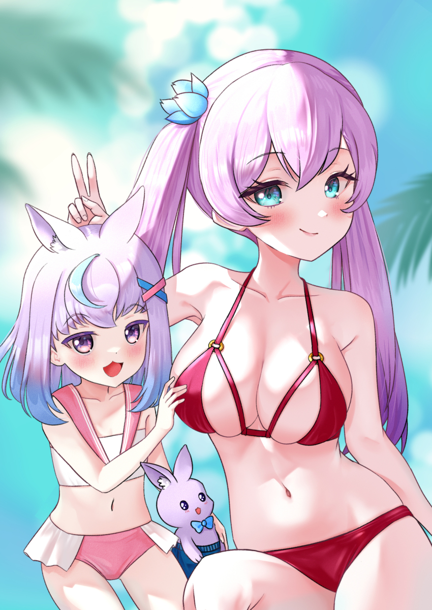 1other, 2girls, absurdres, aqua_eyes, ar-khey, arm_at_side, arm_up, bikini