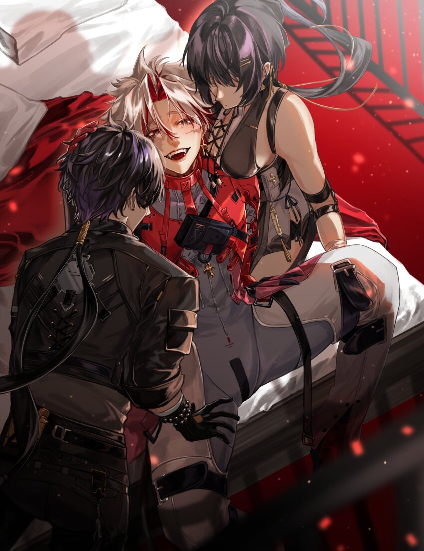 1girl, 2boys, absurdres, bare_shoulders, bisexual_male, black_gloves, black_hair, blush, breasts, crescent_(cgcrescent), earrings, female_rover_(wuthering_waves), gloves, grey_hair, hair_ornament, heterochromia, highres, jewelry, long_hair, male_focus, male_rover_(wuthering_waves), multicolored_hair, multiple_boys, red_eyes, rover_(wuthering_waves), scar, scar_(wuthering_waves), scar_across_eye, scar_on_face, short_hair, streaked_hair, two-tone_hair, white_hair, wuthering_waves