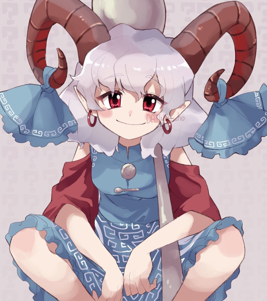 1girl, bare_shoulders, blue_dress, blue_ribbon, blush, breasts, closed_mouth, commentary_request, curly_hair, daiwa_uho, dress, earrings, feet_out_of_frame, grey_background, happy, head_tilt, highres, holding, holding_spork, horn_ornament, horn_ribbon, horns, jewelry, looking_at_viewer, meandros, medium_hair, oversized_object, patterned_clothing, pointy_ears, red_horns, red_sleeves, ribbon, sheep_horns, simple_background, small_breasts, smile, solo, spork, squatting, touhou, toutetsu_yuuma, unfinished_dream_of_all_living_ghost, upper_body, utensil