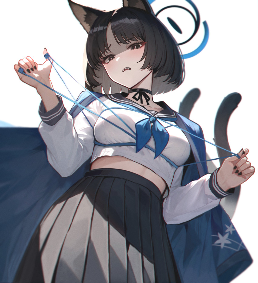 1girl, animal_ears, black_choker, black_eyes, black_hair, black_nails, black_sailor_collar, blue_archive