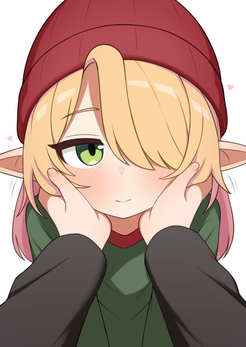 1girl, 1other, beanie, commentary, english_commentary, green_eyes, green_shirt, hair_over_one_eye