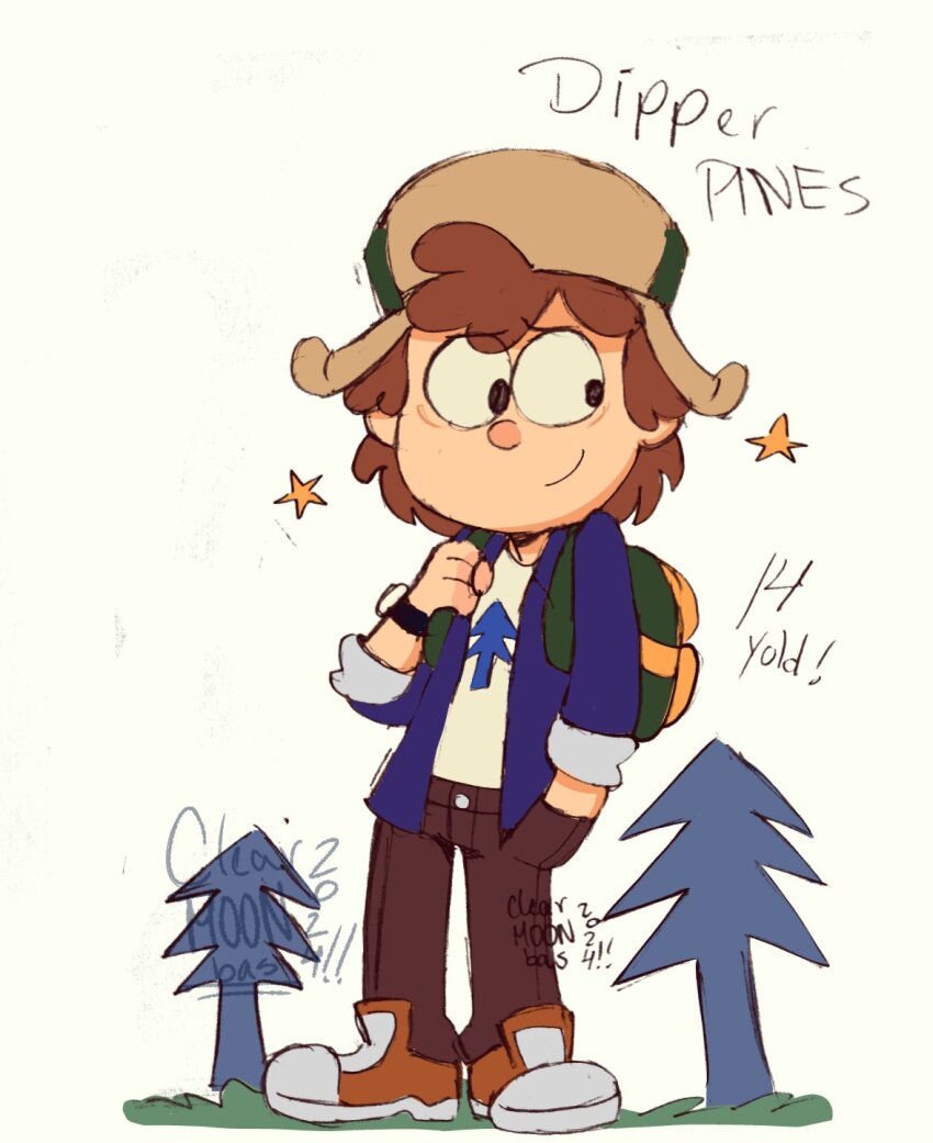 1girl, aged_up, backpack, bag, blue_sweater, brown_hair, brown_pants, clearmonbass, concept_art, dipper_pines, foxy_(brown_dust), fur_hat, gravity_falls, green_bag, green_hat, hand_in_pocket, hat, highres, looking_to_the_side, male_focus, pants, pine_tree, shirt, shoes, short_hair, smile, sneakers, sweater, tree, tree_print, ushanka, watch, white_shirt, wristwatch