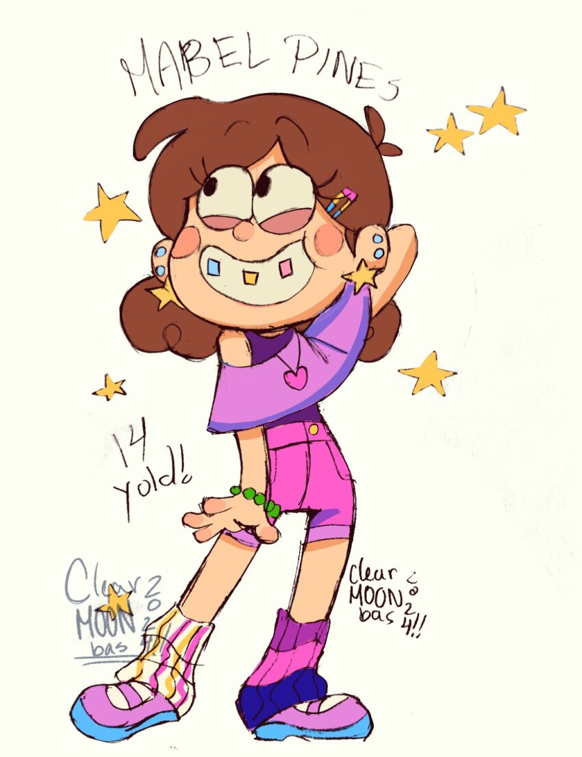 1girl, aged_up, ahoge, arm_up, asymmetrical_legwear, blush_stickers, bracelet, braces, brown_hair, clearmonbass, concept_art, ear_piercing, earrings, eyelashes, gravity_falls, grin, hair_ornament, hairclip, heart, heart_necklace, highres, jewelry, leg_warmers, looking_up, mabel_pines, medium_hair, mismatched_legwear, multiple_earrings, necklace, piercing, pink_leg_warmers, pink_shoes, pink_shorts, purple_shawl, purple_shirt, rainbow_hair_ornament, shawl, shirt, shoes, shorts, sleeveless, sleeveless_shirt, smile, socks, star_(symbol), star_earrings, vertical-striped_leg_warmers, white_socks