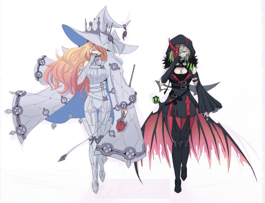 2girls, akisame_rizu, asymmetrical_sleeves, bandaged_arm, bandages, black_dress, black_footwear, black_hood