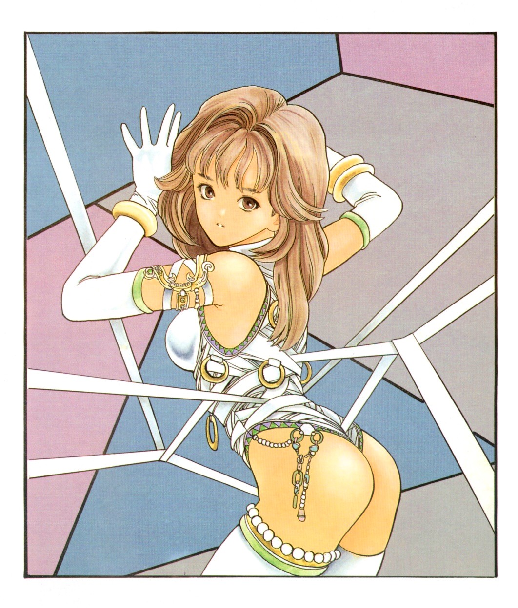 ass, brown_eyes, brown_hair, dna^2, gloves, highres, jewelry, katsura_masakazu, leotard, official_art, ribbon, saeki_tomoko, thighhighs