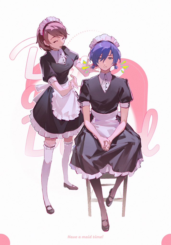 1boy, 1girl, apron, black_dress, black_footwear, blue_eyes, blue_hair, breasts