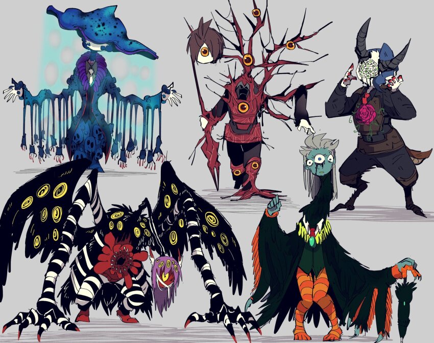 5others, apocalypse_bird, beauty_and_the_beast_(project_moon), black_blood, black_swan_(e.g.o), black_wings, blood, brown_hair, dream_of_a_black_swan, e.g.o_(project_moon), employee_(project_moon), extra_eyes, full_body, grey_background, grey_hair, heaven_(e.g.o), highres, holding, holding_polearm, holding_weapon, horn_(e.g.o), horns, lobotomy_corporation, long_hair, looking_at_viewer, monster, monsterification, multiple_others, mushroom, nugget_(project_moon), polearm, project_moon, purple_hair, sabaage, simple_background, spore_(e.g.o), the_burrowing_heaven, the_little_prince_(project_moon), twilight_(e.g.o), weapon, wings