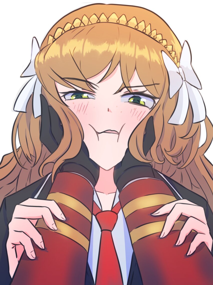 1girl, 1other, absurdres, black_gloves, black_jacket, blush, bow, commentary