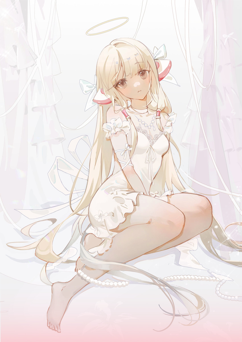 1girl, arm_ribbon, arm_strap, bare_legs, barefoot, between_legs, blonde_hair, bow
