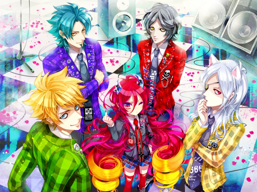 5boys, alex_redgrave, animal_ears, cat_boy, cat_ears, clyde_coen, dark_heald, eyepatch, horns, long_hair, male_focus, microphone, middle_finger, multicolored_hair, multiple_boys, naki_ringo, one_eye_closed, original, speaker, spree_killer, trap, very_long_hair, wink, woolf_crawford, zero_bunker