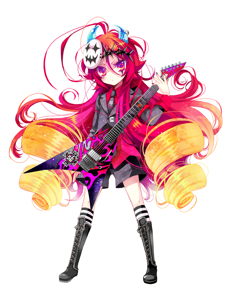 1boy, alex_redgrave, guitar, horns, instrument, long_hair, male_focus, mask, multicolored_hair, naki_ringo, original, solo, spree_killer, trap, very_long_hair