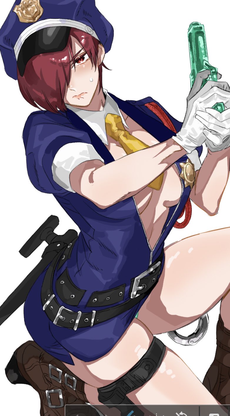 1girl, blue_shirt, blush, breast_pocket, breasts, cleavage, cuffs, female_service_cap