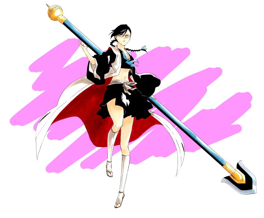 1girl, absurdres, black_hair, black_kimono, black_skirt, bleach, bleach:_epilogue, blue_neckerchief, braid, braided_ponytail, breasts, cleavage, closed_mouth, commentary, commission, english_commentary, floating_clothes, floating_hair, full_body, glasses, haguro_tonbo_(shikai), hair_over_one_eye, haori, highres, holding, holding_behind_back, holding_polearm, holding_weapon, holding_weapon_behind_back, japanese_clothes, ken'ichi_(ken1ro_u), kimono, kneehighs, long_hair, long_sleeves, looking_at_viewer, low_ponytail, miniskirt, navel, neckerchief, polearm, ponytail, sandals, second-party_source, serious, simple_background, skeb_commission, skirt, socks, solo, standing, stomach, tsurime, v-shaped_eyebrows, weapon, white_background, white_socks, wide_sleeves, yadoumaru_lisa