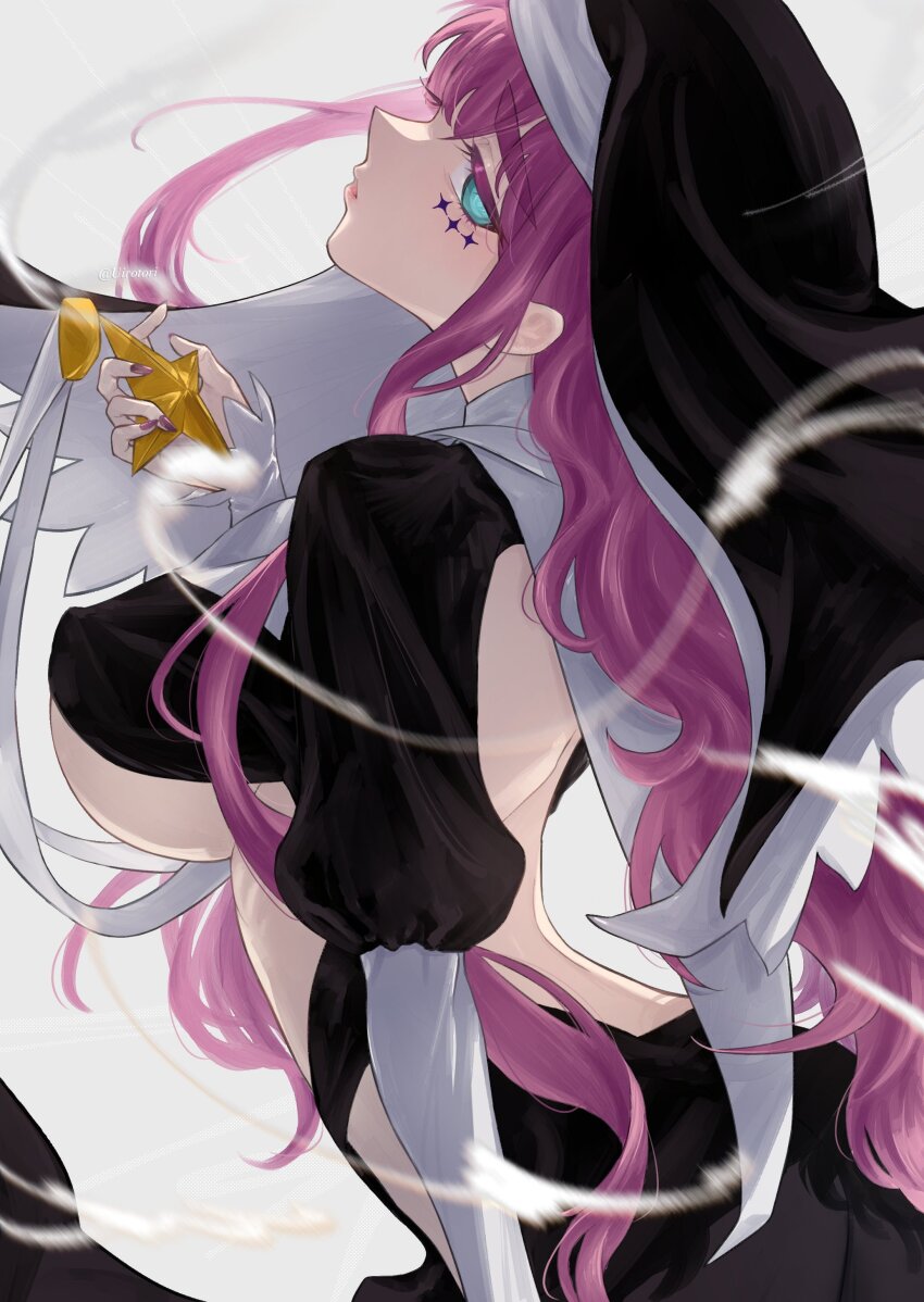 1girl, absurdres, aqua_eyes, back, back_cutout, black_robe, black_veil, breasts