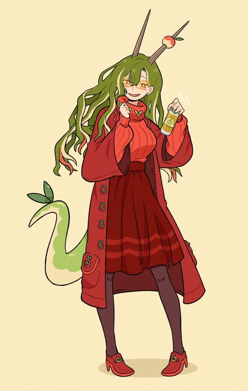 1girl, absurdres, apple, apple_hair_ornament, apple_juice, aunt, blush, breasts