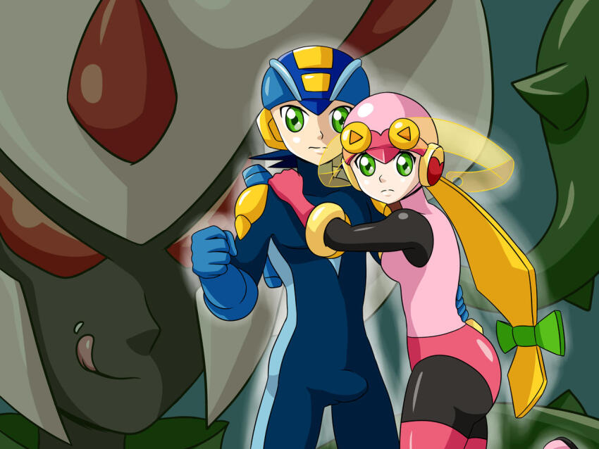 1girl, 2boys, capcom, green_eyes, heropin, krlitosss, licking_lips, mega_man_(series), megaman.exe, multiple_boys, plant, plantman.exe, roll.exe_(mega_man), thorns, tongue, tongue_out, vines, you_gonna_get_eaten