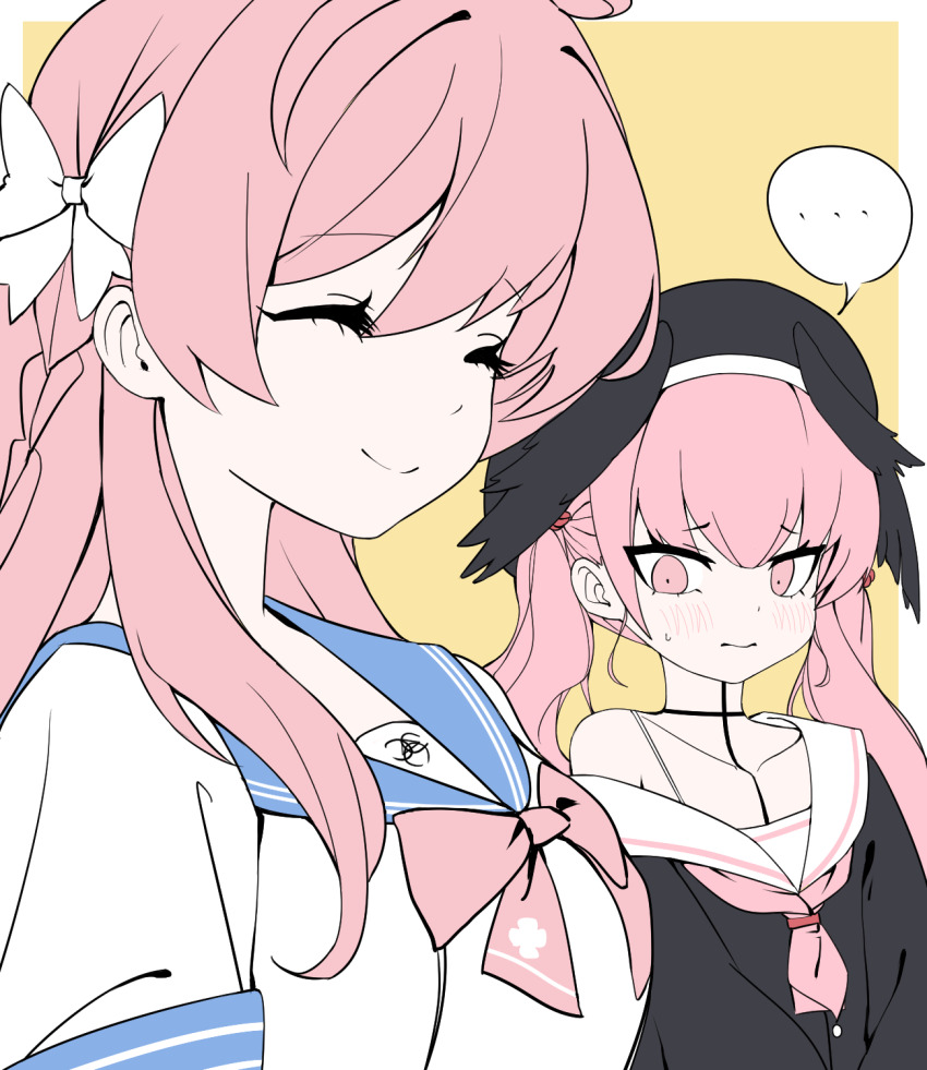 ..., 2girls, beret, black_hat, black_shirt, black_wings, blue_archive, blue_sailor_collar