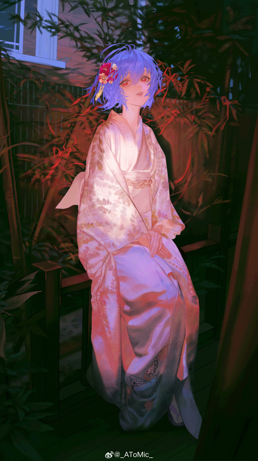 1girl, absurdres, alternate_costume, atomicxx, ayanami_rei, blue_hair, brown_sandals, chinese_commentary