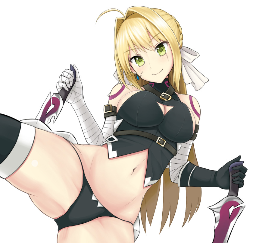 1girl, ahoge, bad_id, bad_pixiv_id, bare_shoulders, belt, black_panties, blonde_hair