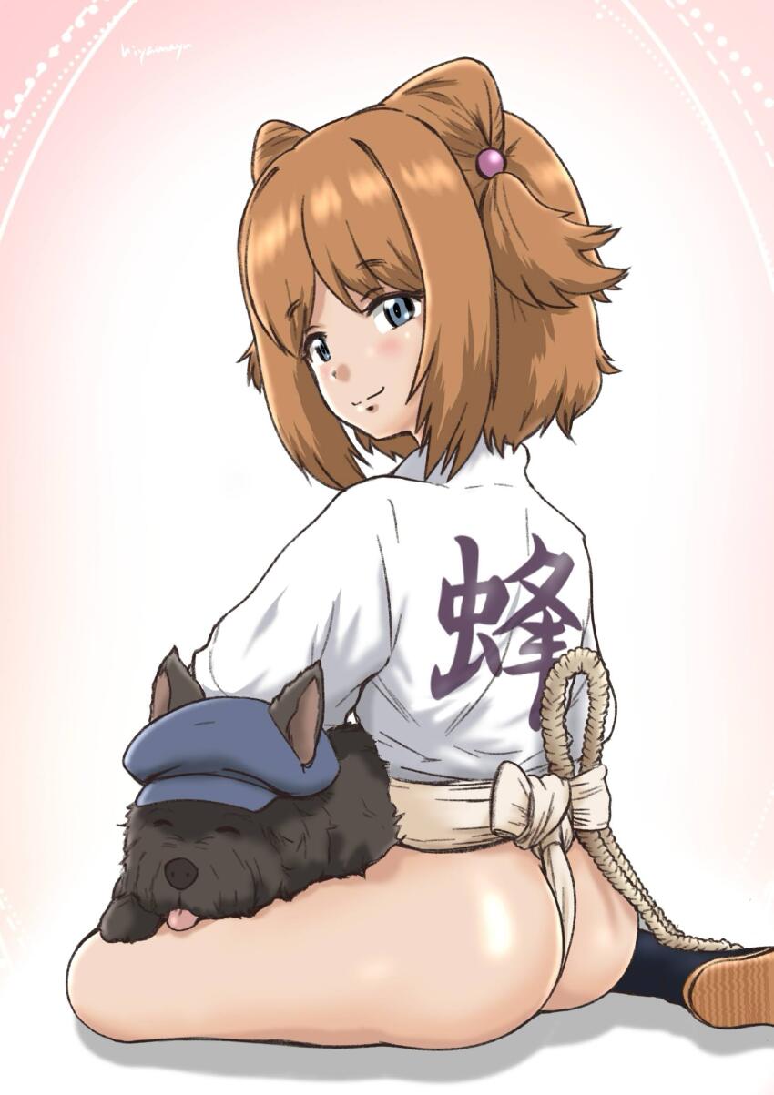 absurdres, ass, black_socks, blue_eyes, blue_hat, brown_footwear, brown_hair, newsboy_cap, closed_mouth, clothes_writing, commentary, cone_hair_bun, dog, double_bun, fundoshi, girls_und_panzer, hair_bobbles, hair_bun, hair_ornament, hat, highres, hiyama_yuu_(wee259hiyama), japanese_clothes, looking_at_viewer, looking_back, rope, sandals, shadow, shirt, short_sleeves, smile, socks, textless_version, waterzooi, white_shirt, yuuko_(girls_und_panzer)