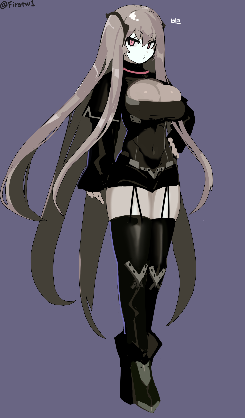 1girl, artist_name, beak_(girls'_frontline), black_boots, black_shorts, black_shrug, black_thighhighs, boots