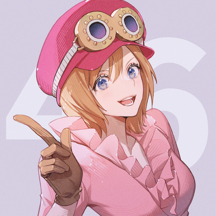 1girl, brown_gloves, brown_hair, commentary, commentary_request, english_commentary, frilled_shirt, frills, gloves, goggles, goggles_on_headwear, hat, index_finger_raised, koala_(one_piece), looking_at_viewer, mixed-language_commentary, one_piece, open_mouth, pink_shirt, red_hat, shirt, short_hair, smile, solo, teeth, yoshicha