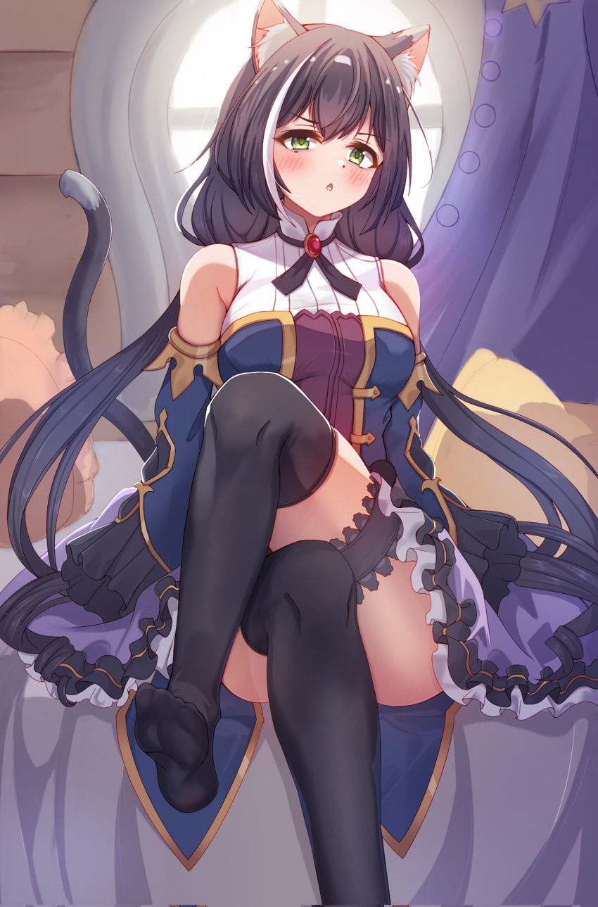 1girl, animal_ear_fluff, animal_ears, bed, bed_sheet, bedroom, black_hair, black_thighhighs, blue_dress, blue_sleeves, blush, breasts, brooch, cat_ears, cat_girl, cat_tail, commentary, craig_(2980ct), crossed_legs, curtains, dress, frilled_dress, frills, gem, green_eyes, hair_between_eyes, highres, indoors, jewelry, karyl_(princess_connect!), low_twintails, medium_breasts, multicolored_dress, multicolored_hair, neck_ribbon, on_bed, open_mouth, pillow, princess_connect!, purple_dress, red_gem, ribbon, sitting, solo, streaked_hair, tail, thigh_strap, thighhighs, twintails, white_hair, wide_sleeves, window