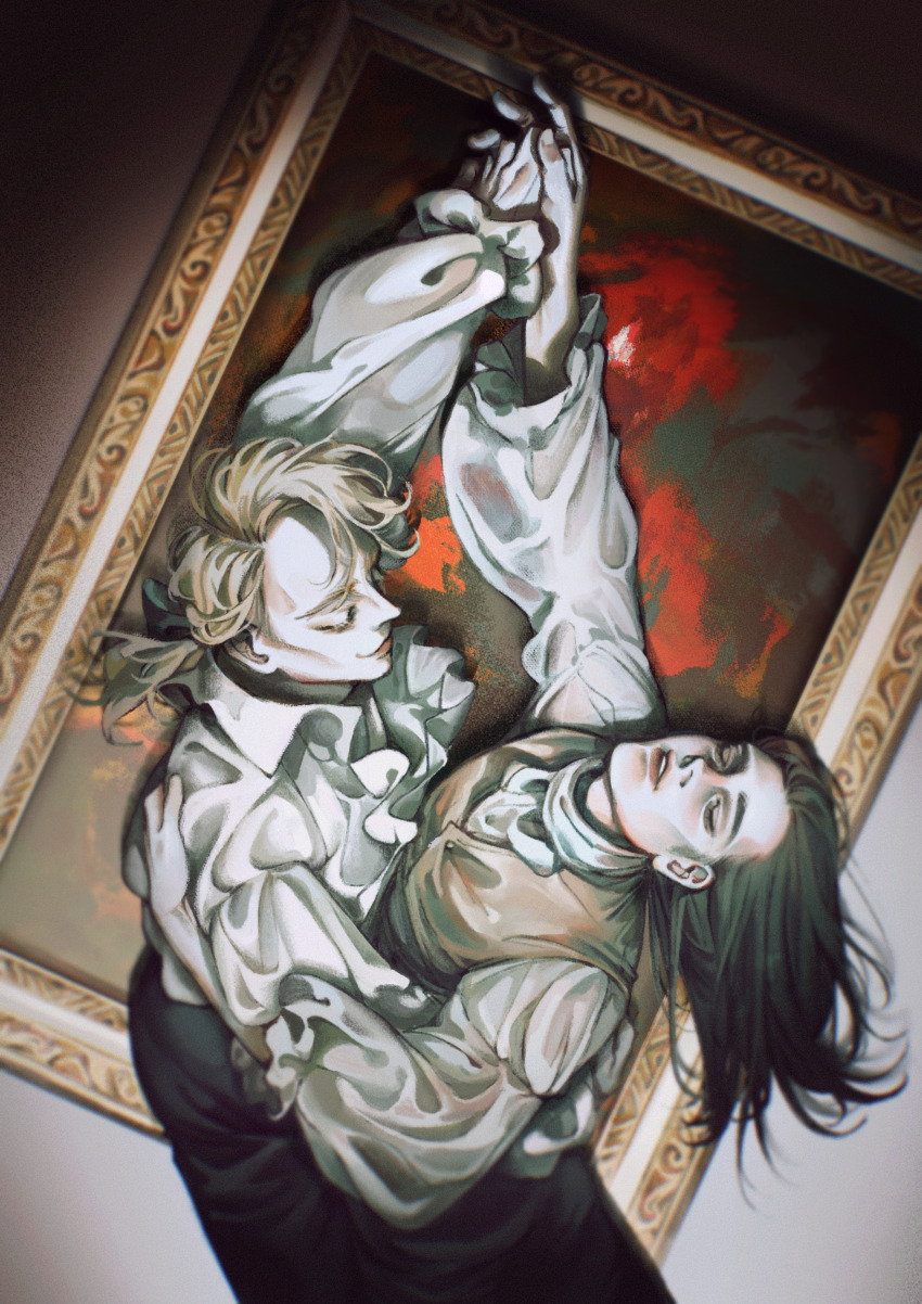 2boys, absurdres, arm_around_another's_waist, ascot, black_bow, black_pants, blonde_hair, bow