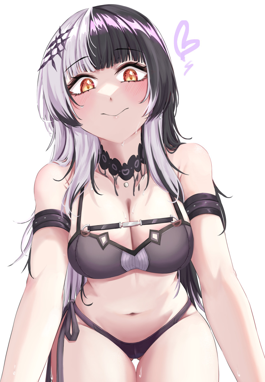 1girl, absurdres, all_fours, belly, bikini, black_bikini, black_choker, black_hair, blush, breasts, choker, cleavage, closed_mouth, from_below, grey_hair, hair_ornament, heart, highres, hololive, hololive_english, lace, lace-trimmed_choker, lace_choker, lace_trim, large_breasts, long_hair, looking_at_viewer, mmneko, multicolored_hair, navel, shiori_novella, simple_background, smile, solo, split-color_hair, stomach, straight-on, sweat, swimsuit, thigh_gap, two-tone_hair, virtual_youtuber, white_background, yellow_eyes