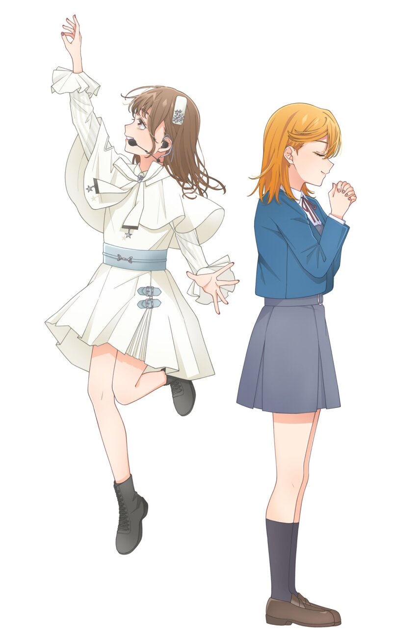 2girls, ankle_boots, arm_up, back-to-back, black_footwear, blue_jacket, boots, bow