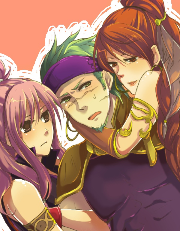 1boy, 2girls, aguri, armlet, armor, bad_id, bad_pixiv_id, blush