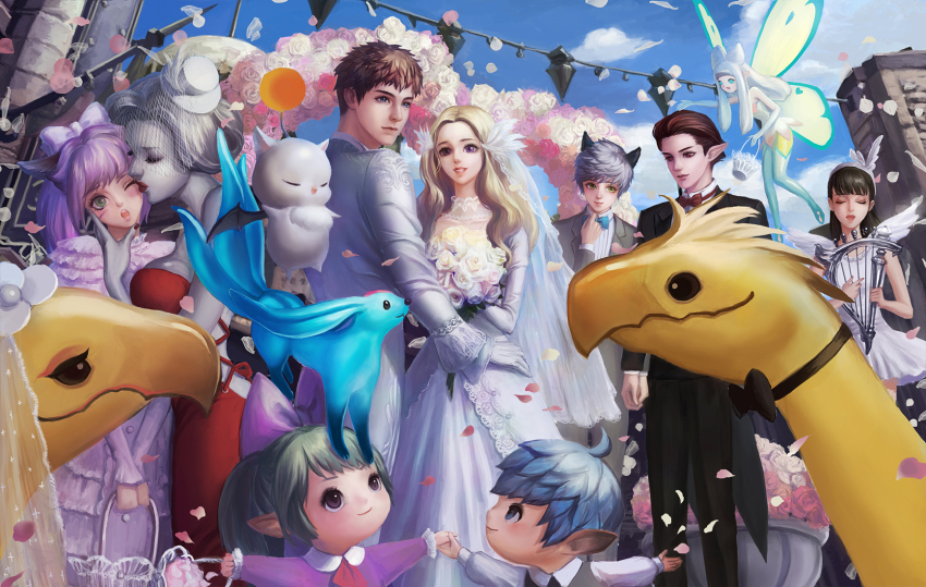 4boys, 5girls, adjusting_bowtie, animal_ears, arch, ascot, back_cutout, bad_bcy_id, bad_id, bare_arms, bare_shoulders, basket, black_bow, black_bowtie, black_hair, black_jacket, black_necktie, black_pants, black_suit, blonde_hair, blue_bow, blue_bowtie, blue_eyes, blue_hair, blue_sky, blue_thighhighs, blunt_bangs, bouquet, bow, bowtie, breasts, bridal_veil, bride, brown_hair, cat_ears, character_request, chinese_commentary, chocobo, choker, cleavage, clothing_cutout, cloud, cocktail_dress, collarbone, collared_dress, collared_jacket, commentary, couple, creature_on_head, cross-laced_clothes, cross-laced_dress, day, dress, english_commentary, eyelashes, fairy, fairy_wings, fancy_(bcy_701698), feather_hair_ornament, feathers, feet_out_of_frame, final_fantasy, final_fantasy_xiv, fishnets, flower, flying, formal_clothes, frilled_sleeves, frills, gloves, gown, green_hair, grey_eyes, grey_jacket, grey_pants, grey_vest, groom, hair_bow, hair_ornament, hairband, hand_on_another's_face, hand_on_another's_hip, happy, harp, hat, hat_feather, head_tilt, hetero, highres, holding, holding_basket, holding_bouquet, holding_hands, instrument, jacket, kiss, kissing_cheek, lace, lace-trimmed_dress, lace_choker, lace_trim, lapels, large_breasts, layered_sleeves, light_smile, lipstick, long_dress, long_hair, long_sleeves, looking_at_another, makeup, mini_hat, mini_top_hat, mixed-language_commentary, multiple_boys, multiple_girls, music, necktie, notched_lapels, one_eye_closed, open_mouth, outdoors, pale_skin, pants, petals, pink_bow, pink_dress, pinstripe_pattern, pinstripe_shirt, playing_instrument, pleated_skirt, pointy_ears, ponytail, purple_eyes, red_ascot, red_bow, red_bowtie, red_dress, red_eyes, red_lips, rose, see-through_clothes, see-through_veil, shirt, short_dress, short_hair, sidelocks, skirt, sky, sleeves_past_wrists, straight_hair, suit, teeth, thighhighs, throwing, top_hat, traditional_bowtie, tuxedo, veil, vest, wavy_hair, wedding, wedding_dress, white_choker, white_dress, white_flower, white_footwear, white_gloves, white_hairband, white_hat, white_jacket, white_pants, white_rose, white_shirt, white_suit, white_veil, wings, yaoi, yuri