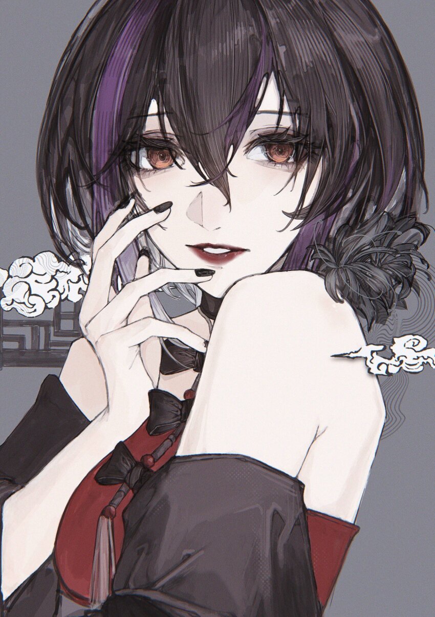 1girl, bare_shoulders, chinese_clothes, chironoliver, cloud, flower, highres, lipstick