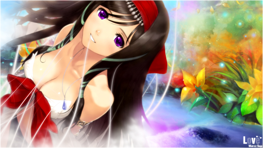 10s, breasts, brown_hair, cleavage, highres, kaguya_(shining_hearts), purple_eyes, sega