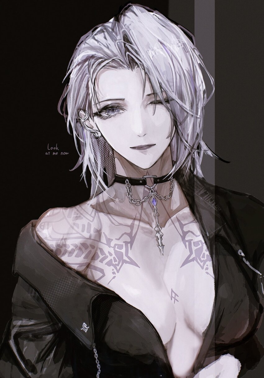 black_jacket, chain, chironoliver, choker, collarbone, english_text, highres, jacket, looking_at_viewer, muscular, muscular_female, one_eye_closed, open_clothes, open_jacket, path_to_nowhere, short_hair, tattoo, zoya_(path_to_nowhere)