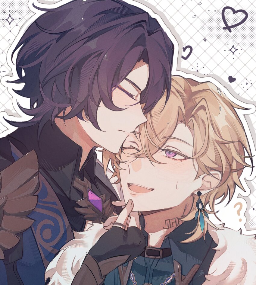 2boys, ?, aqua_shirt, aventurine_(honkai:_star_rail), belt_collar, black_shirt, blonde_hair, blue_hair