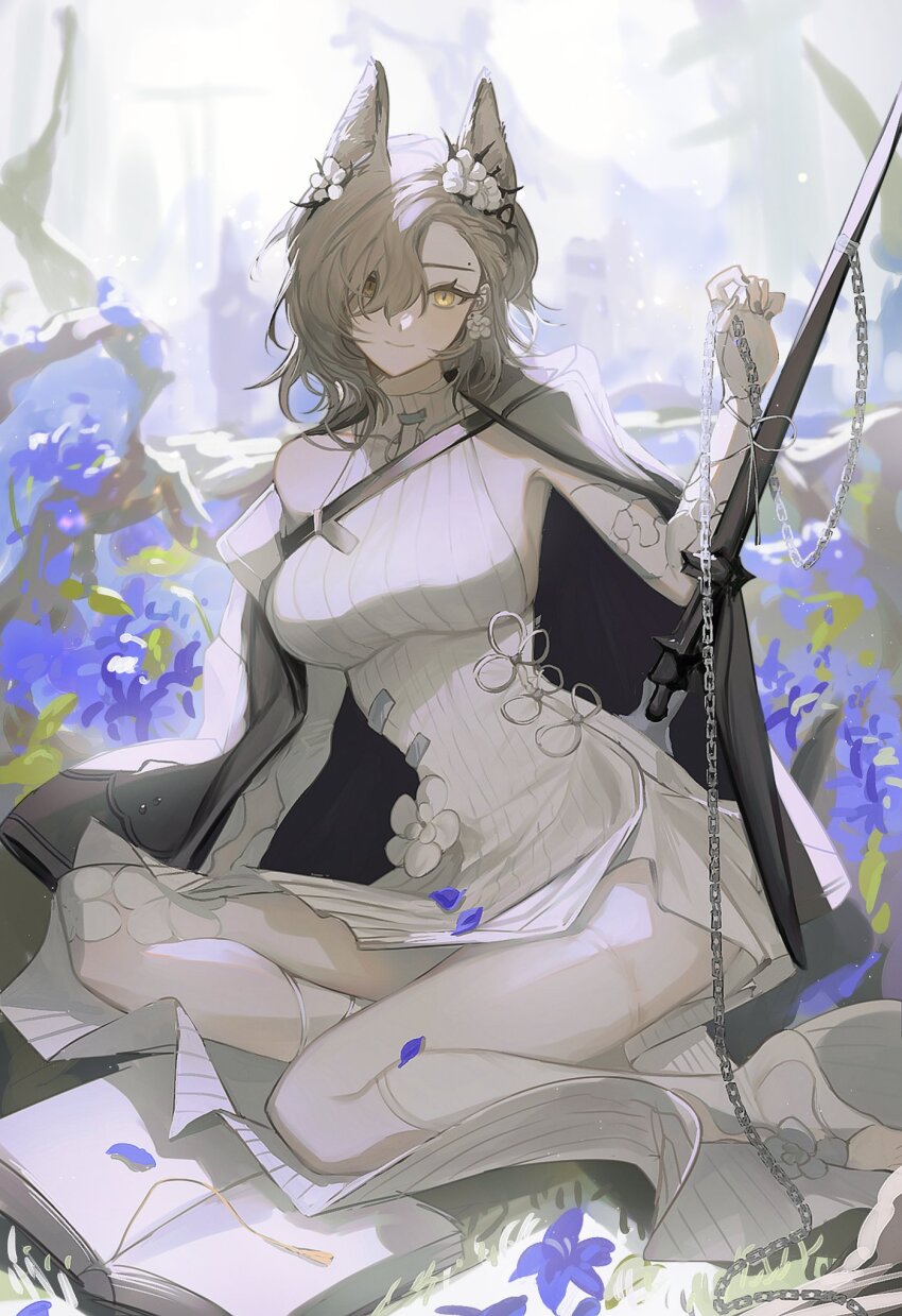 1girl, alternate_costume, animal_ears, arknights, blue_flower, book, dress, elbow_gloves