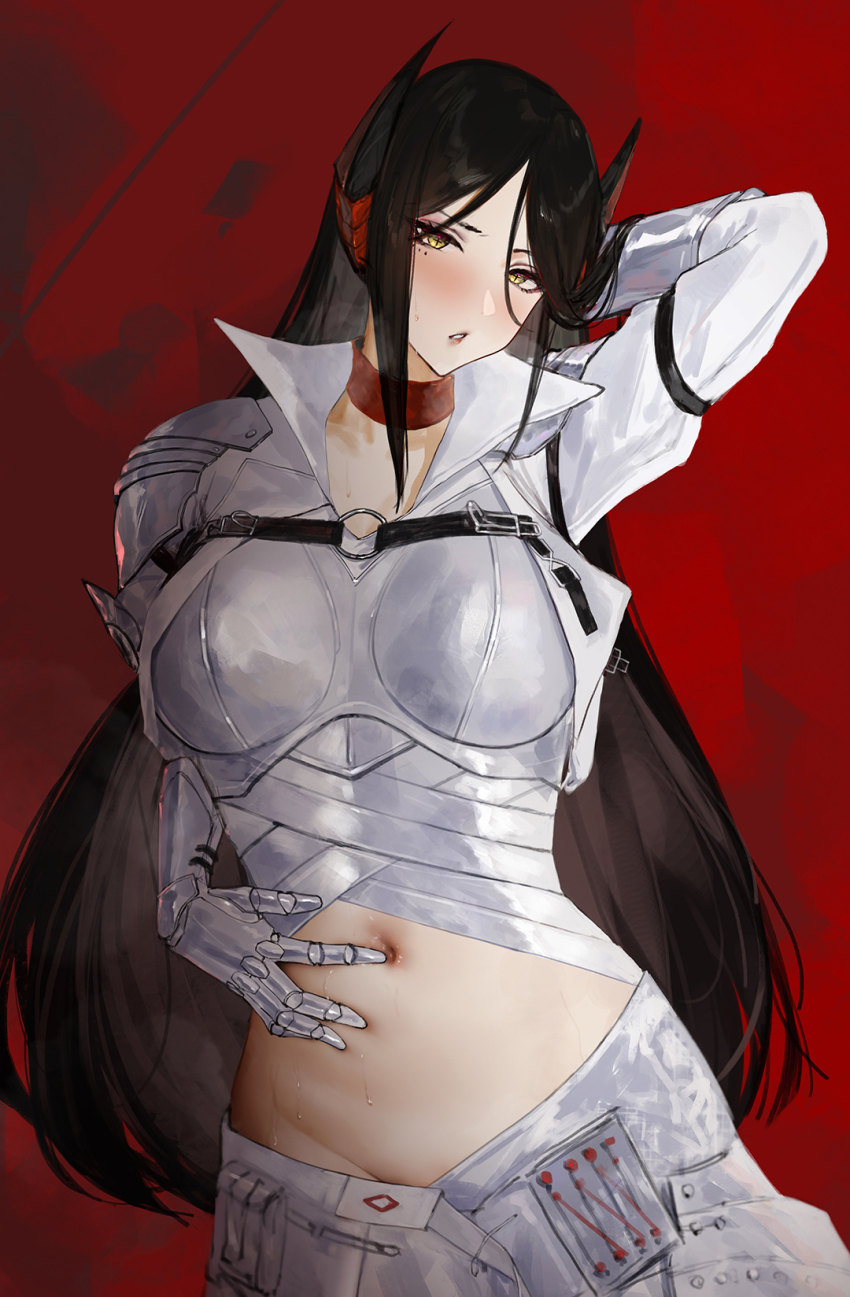 arknights, arm_behind_head, arm_up, armor, black_hair, blush, chest_harness, groin, harness, highres, horns, ines_(arknights), ines_(under_the_flaming_dome)_(arknights), long_hair, looking_at_viewer, navel, no_panties, official_alternate_costume, sawaki_ken, spread_navel, stomach, sweat, symbol-shaped_pupils, yellow_eyes
