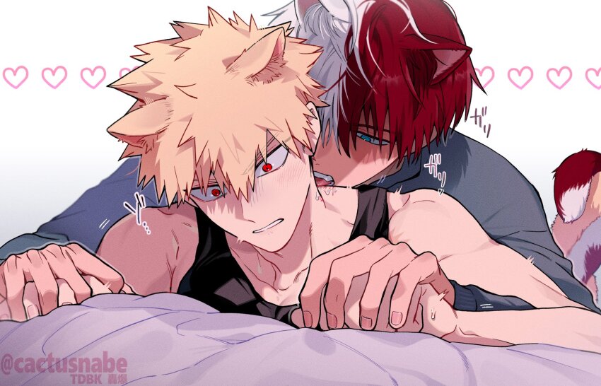 2boys, animal_ears, bakugou_katsuki, bite_mark, black_tank_top, blonde_hair, blue_eyes, blue_sweater