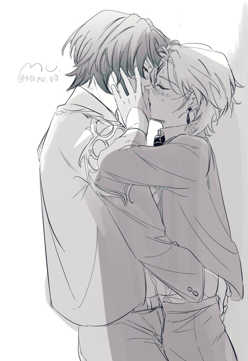 2boys, aventurine_(final_victor)_(honkai:_star_rail), aventurine_(honkai:_star_rail), belt, blazer, blush, couple, cowboy_shot