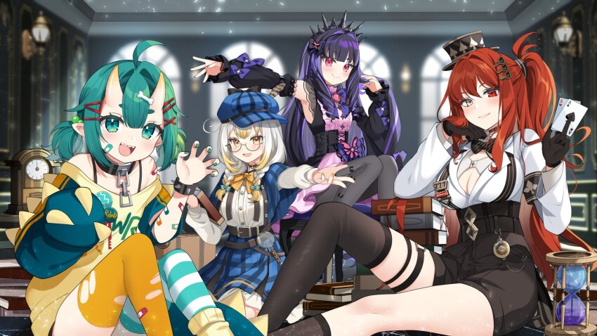 4girls, ace_(playing_card), ace_of_hearts, ace_of_spades, aqua_thighhighs, arisu_oshiro, armband, artist_request, asymmetrical_legwear, asymmetrical_sleeves, bandaid, bandaid_on_arm, bandaid_on_face, black_armband, black_dress, black_gloves, black_hair, black_hat, black_shorts, black_sleeves, black_thighhighs, black_tiara, blonde_hair, blue_hat, blue_skirt, bone_hair_ornament, bow, bowtie, braid, breasts, card, chio_chompi, cleavage, clock, collar, colored_tips, daiya_fortuna, deerstalker, detached_sleeves, dinosaur_girl, dinosaur_horns, dress, glasses, gloves, green_eyes, green_hair, green_nails, grey_eyes, grey_hair, hair_ornament, hat, heart, heterochromia, high-waist_shorts, highres, holding, holding_card, horns, hourglass, kanna_yanagi, long_hair, loose_socks, metal_collar, mini_hat, mismatched_legwear, multicolored_hair, multiple_girls, open_mouth, orange_bow, orange_bowtie, pink_eyes, pixellink, plaid_clothes, plaid_skirt, playing_card, purple_hair, red_eyes, red_hair, second-party_source, sharp_teeth, shirt, short_hair, shorts, skirt, sleeveless, sleeveless_dress, smile, socks, spade_(shape), striped_clothes, striped_thighhighs, teeth, thighhighs, tiara, torn_clothes, torn_thighhighs, virtual_youtuber, white_shirt, white_thighhighs, yellow_eyes, yellow_socks, yellow_thighhighs