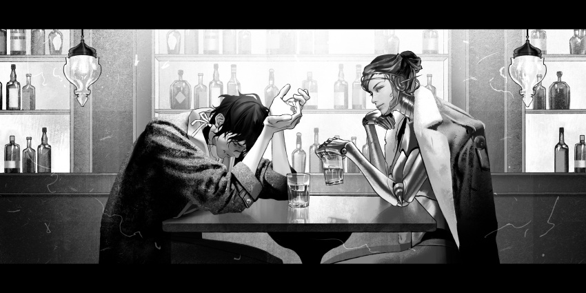 1boy, 1girl, absurdres, achooho, android, bar_(place), bottle, counter