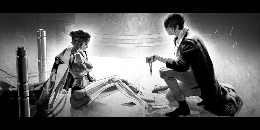 1boy, 1girl, absurdres, achooho, android, ankle_boots, arm_support, boots