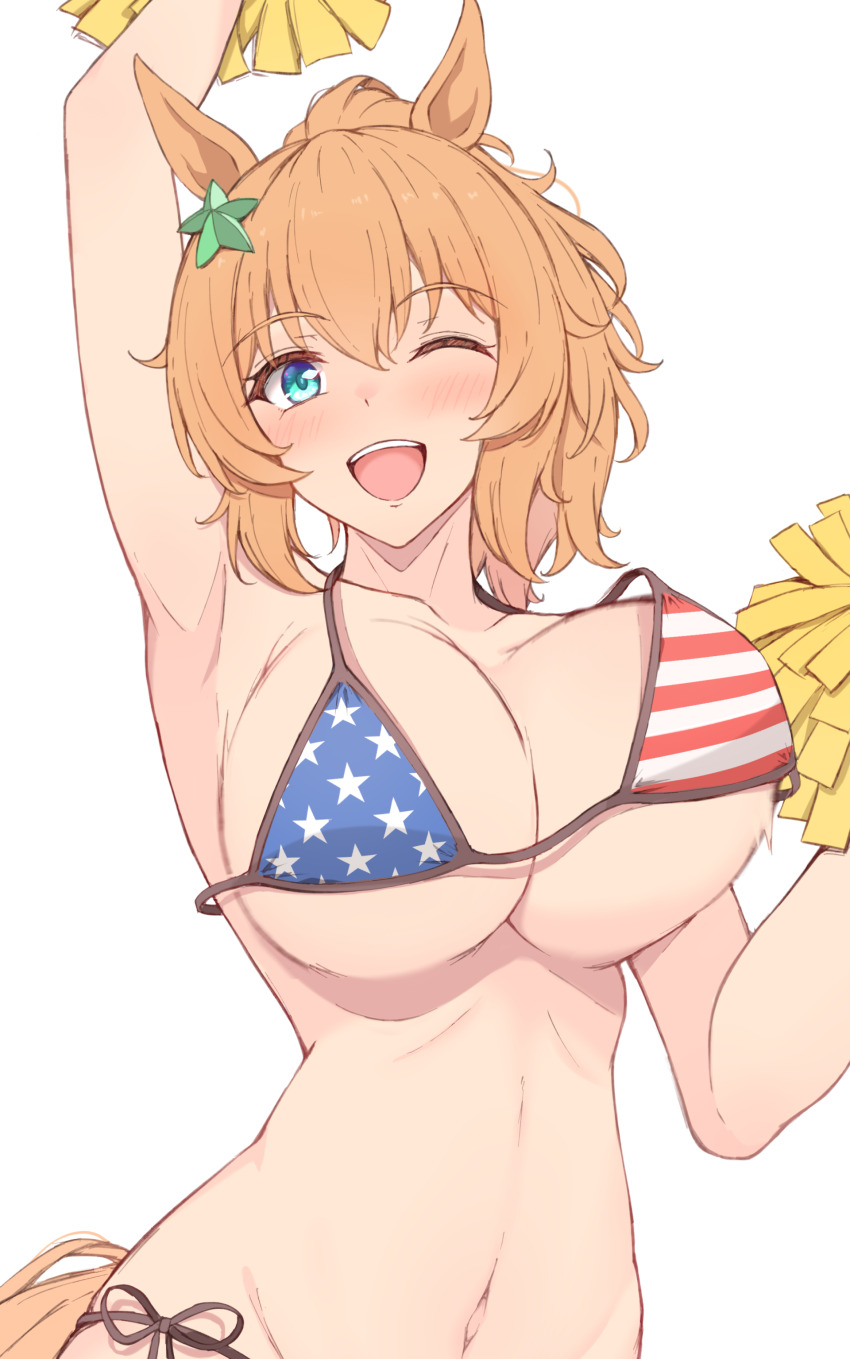 1girl, ;d, absurdres, american_flag, american_flag_bikini, american_flag_print, animal_ears, arm_up