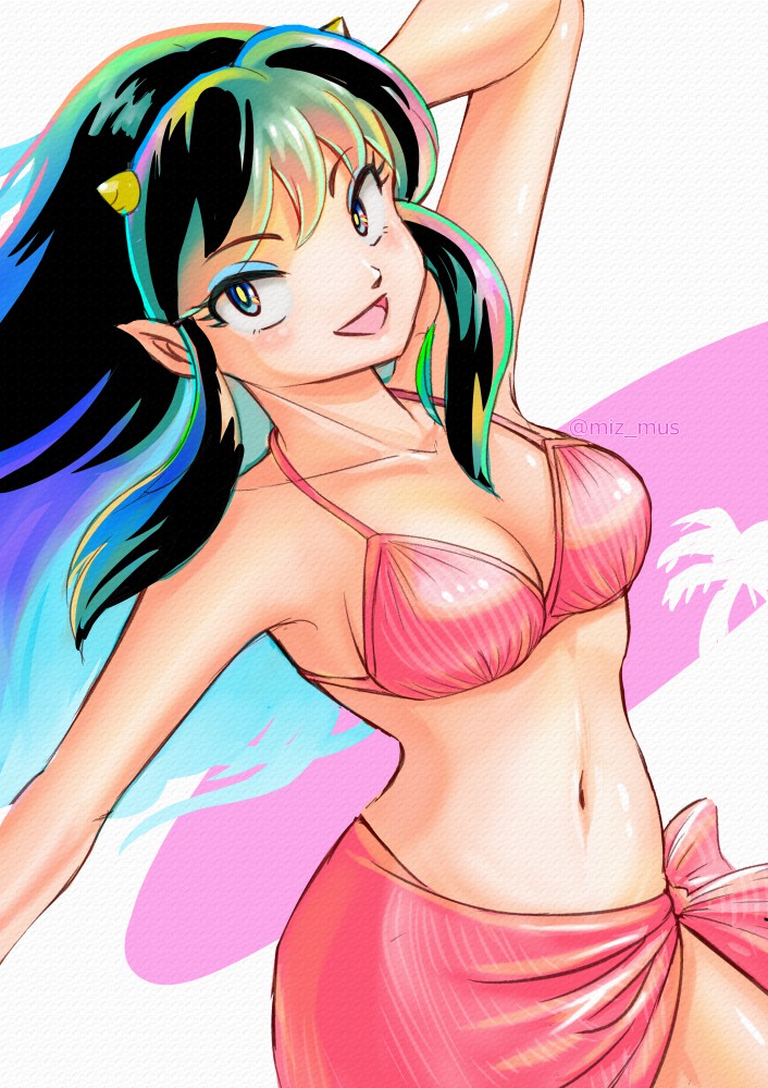 1girl, artist_name, bikini, black_hair, breasts, collarbone, cone_horns, eyelashes