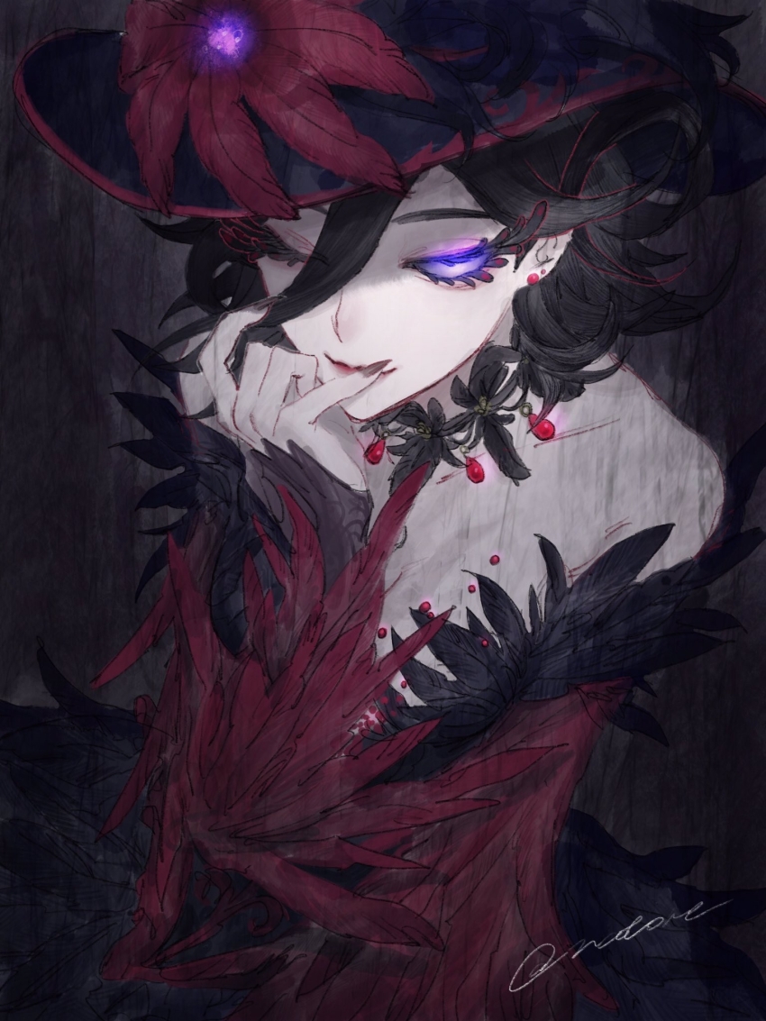 1girl, black_background, black_dress, black_hair, black_nails, dress, feather_dress, feather_hair