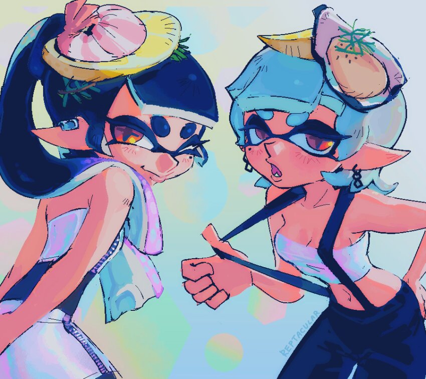 2girls, :o, arms_behind_back, artist_name, bare_shoulders, black_hair, black_pants, blunt_bangs