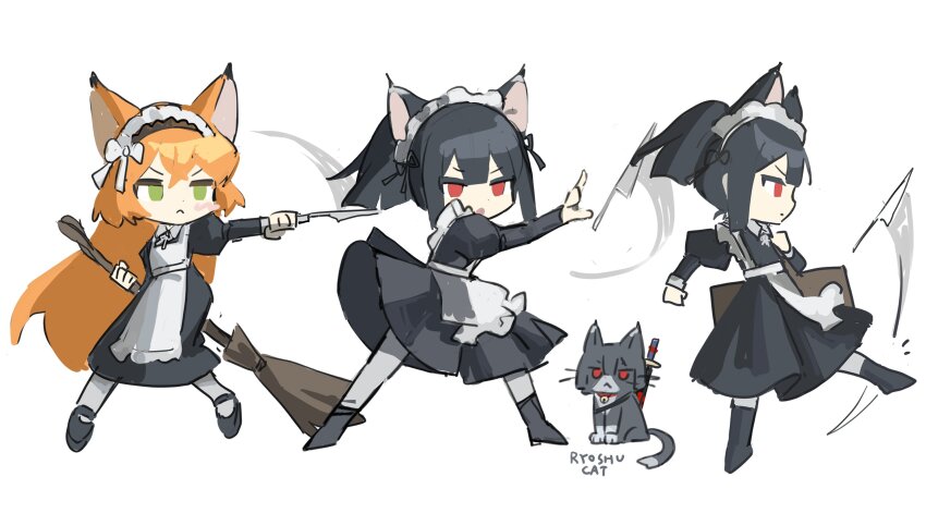 2girls, :<, absurdres, animal_ears, animalization, apron, black_dress, black_hair